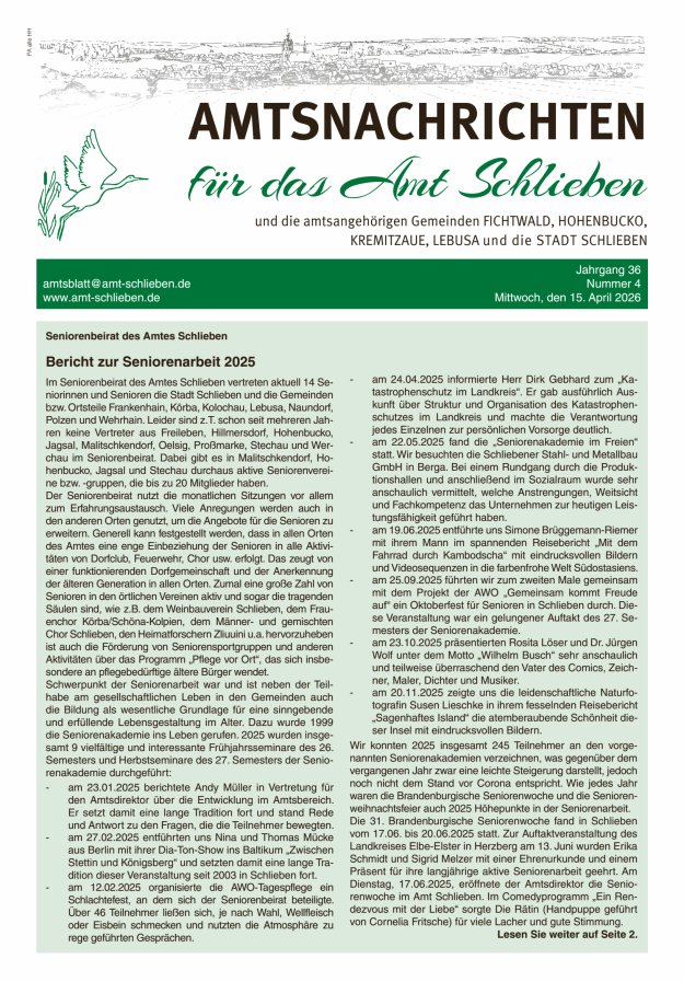 Amtsnachrichten – Amtsblatt für das Amt Schlieben und die amtsangehörigen Gemeinden Titelblatt 04/2026