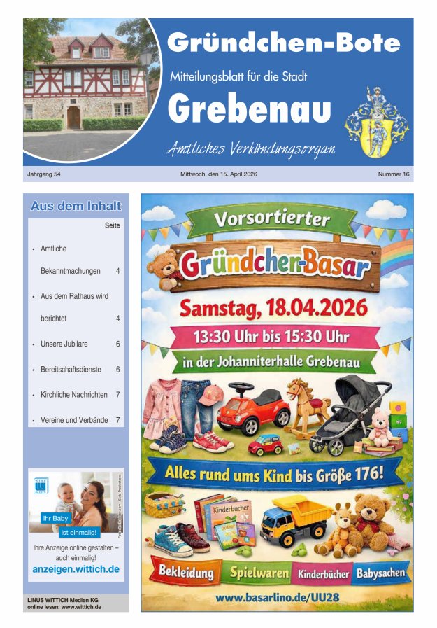 Grebenau - Gründchen Bote - Mitteilungsblatt für die Stadt Grebenau Titelblatt 16/2026
