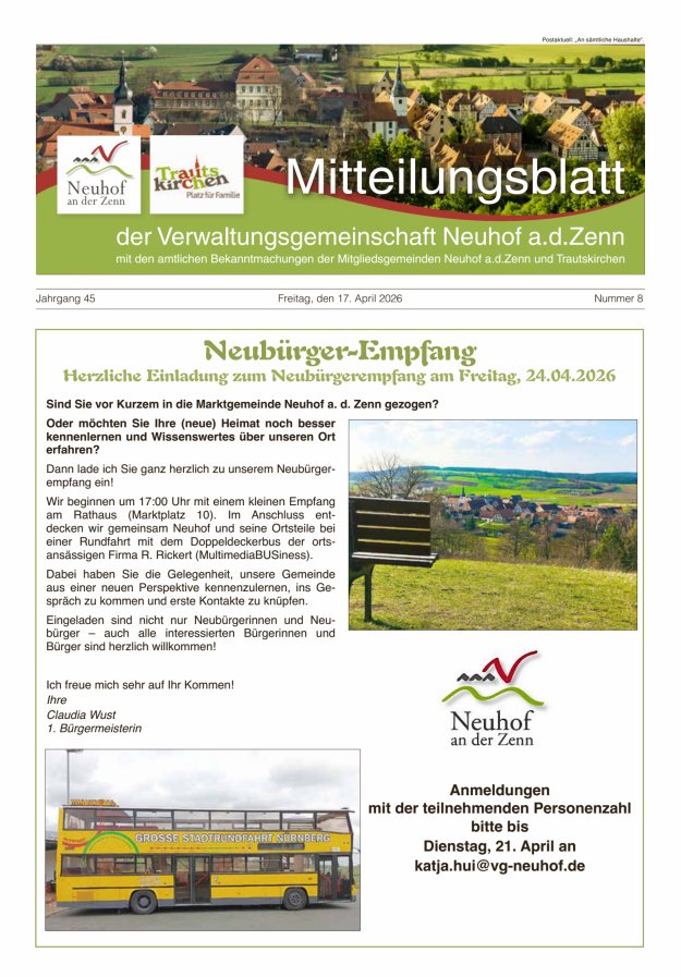 Mitteilungsblatt der Verwaltungsgemeinschaft Neuhof an der Zenn mit den amtlichen Bekanntmachungen der Mitgliedsgemeinden Neuhof an der Zenn und Trautskirchen Titelblatt 08/2026