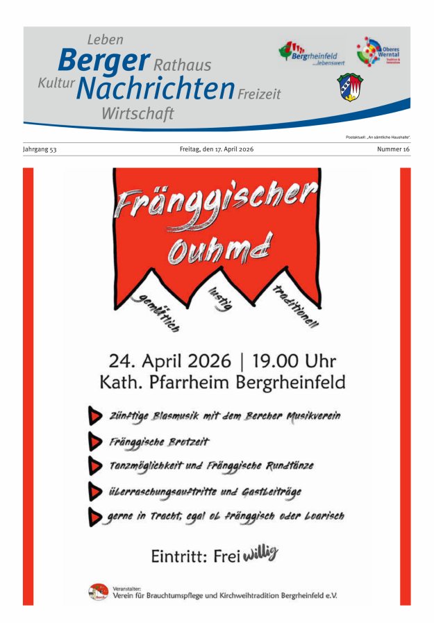 Berger Nachrichten, Bergrheinfeld Titelblatt 16/2026