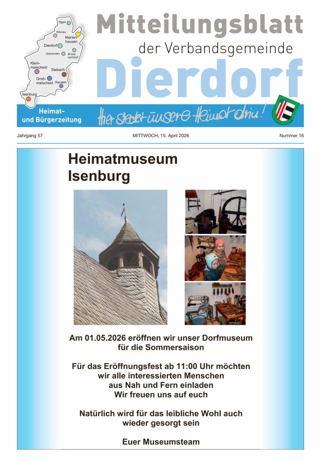 Mitteilungsblatt der Verbandsgemeinde Dierdorf Titelblatt 16/2026