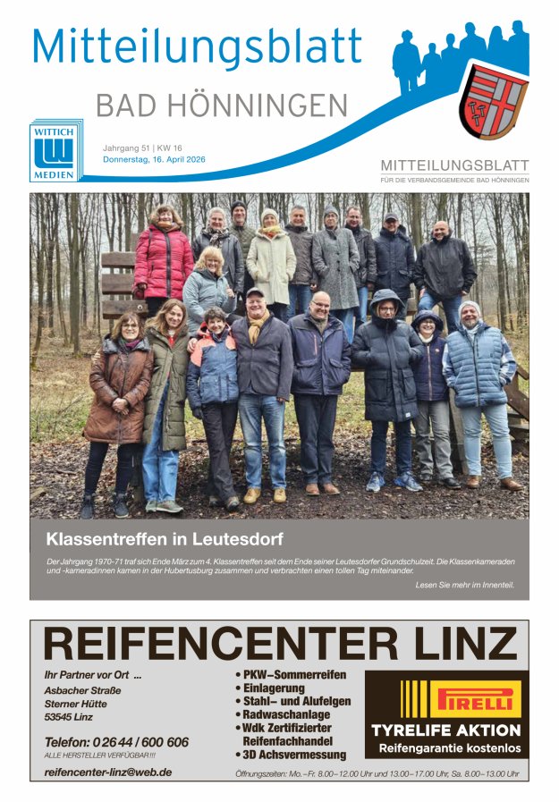 Mitteilungsblatt für den Bereich der Verbandsgemeinde Bad Hönningen Titelblatt 16/2026