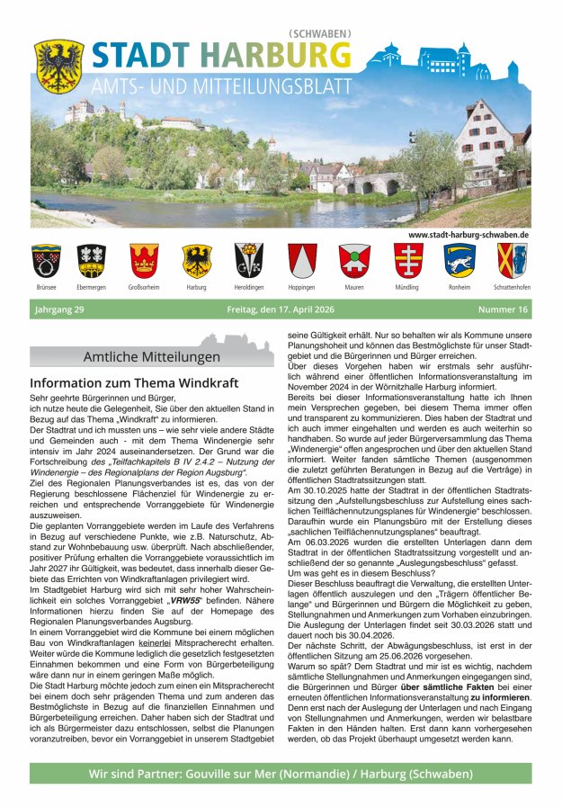 Amts- und Mitteilungsblatt der Stadt Harburg Titelblatt 16/2026