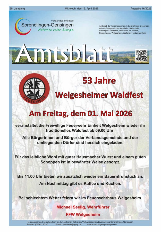Amtsblatt VG Sprendlingen-Gensingen Titelblatt 16/2026