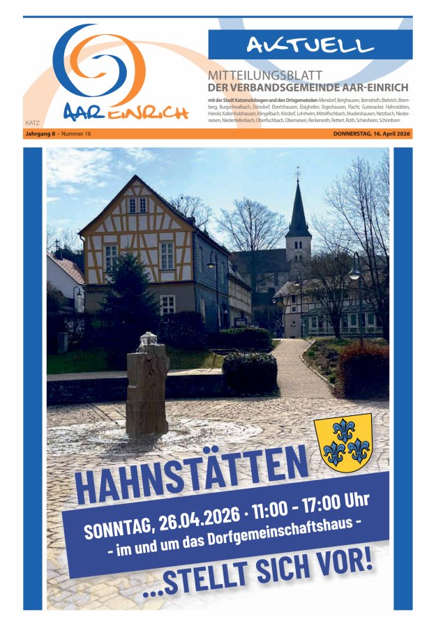 Mitteilungsblatt der Verbandsgemeinde Aar-Einrich Ausgabe Katzenelnbogen Titelblatt 15/2026