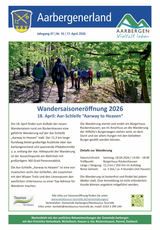 Aarbergenerland - Wochenblatt mit den amtlichen Bekanntmachungen Titelblatt 16/2026
