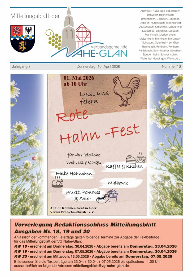 Mitteilungsblatt für die Verbandsgemeinde Nahe-Glan Titelblatt 16/2026