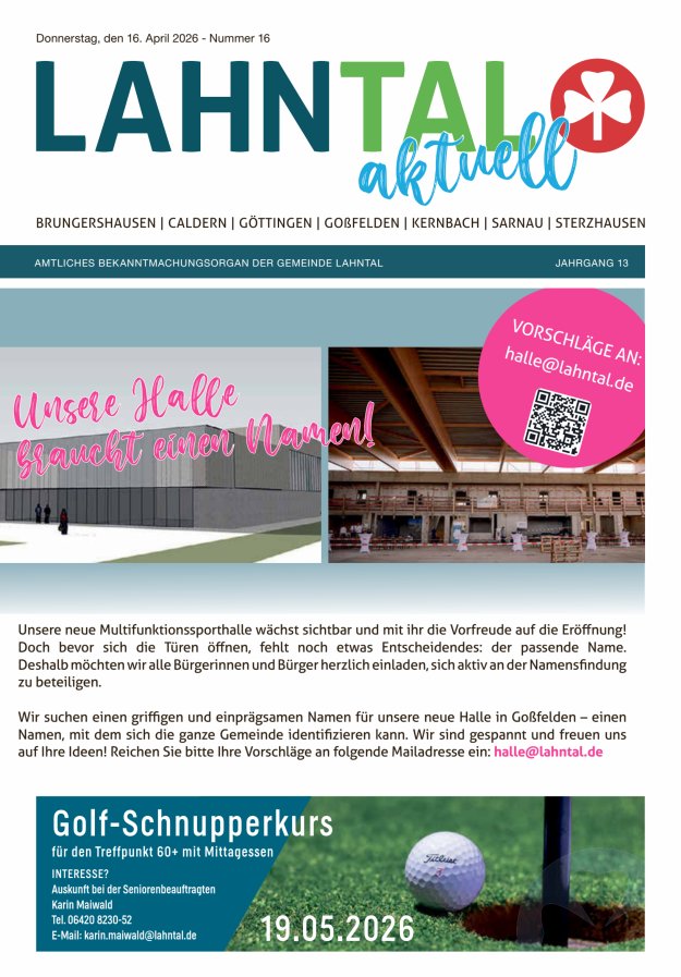 Amtliches Bekanntmachungsorgan der Gemeinde Lahntal Titelblatt 16/2026