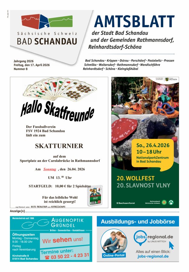 Amtsblatt der Stadt Bad Schandau und der Gemeinden Titelblatt 08/2026