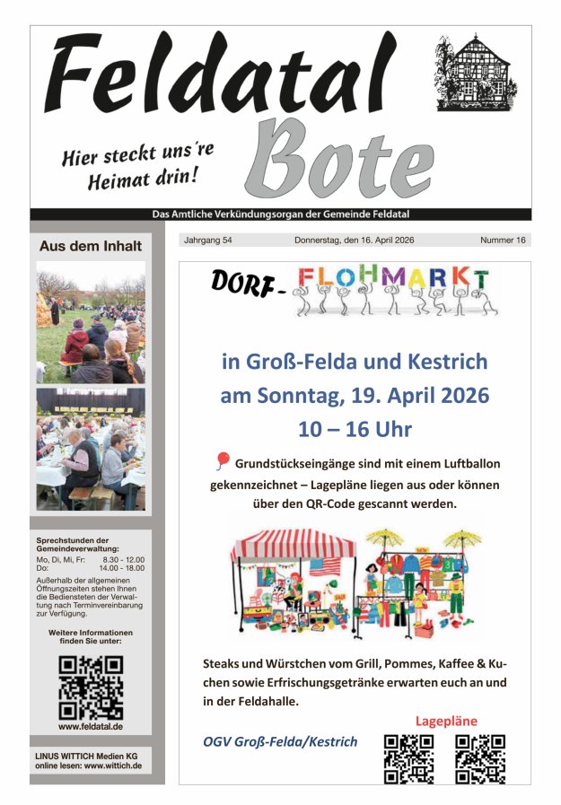 Das Amtliche Verkündungsorgan der Gemeinde Feldatal Titelblatt 16/2026