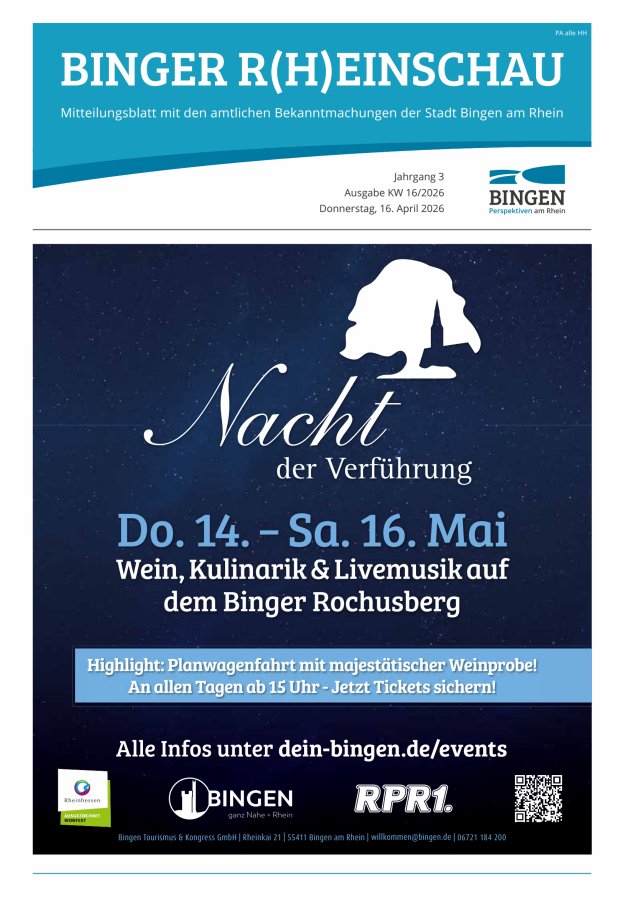 Binger R(h)einschau - Mitteilungsblatt mit den Amtlichen Bekanntmachungen der Stadt Bingen Titelblatt 16/2026