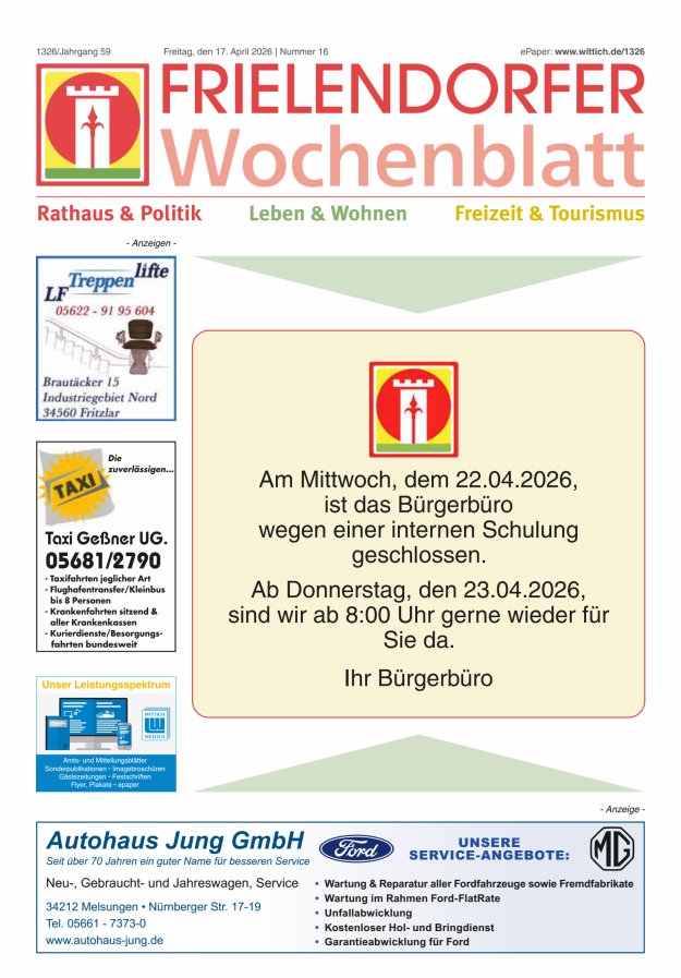 Frielendorfer Wochenblatt Titelblatt 16/2026