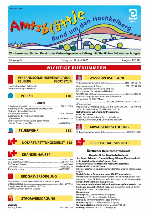 Amtsblättje - Rund um den Hochkelberg Titelblatt 16/2026