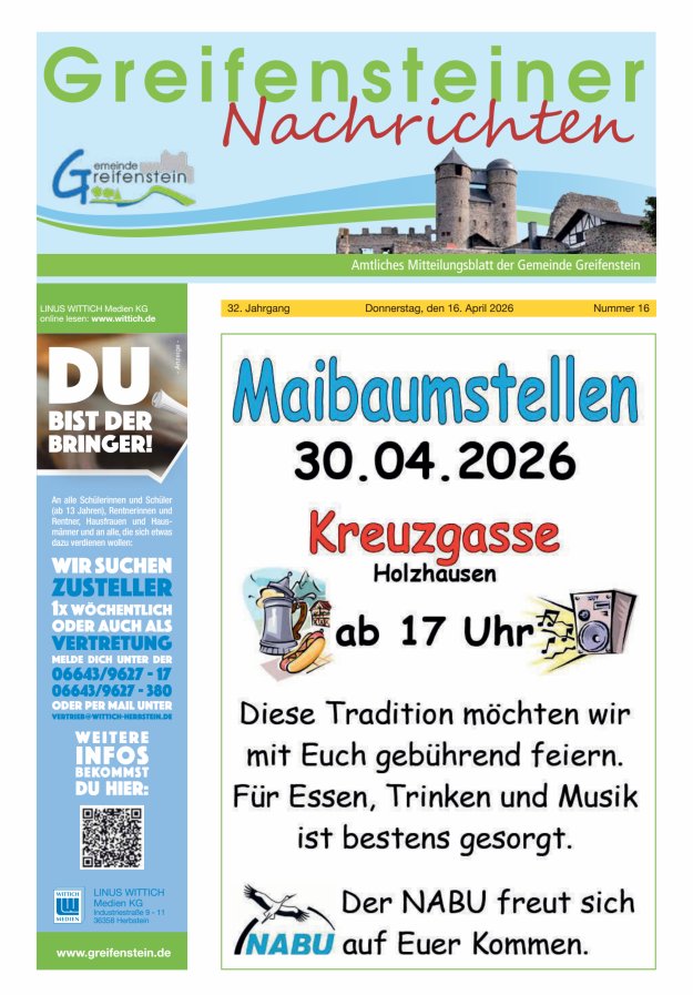 Mitteilungsblatt der Gemeinde Greifenstein Titelblatt 16/2026