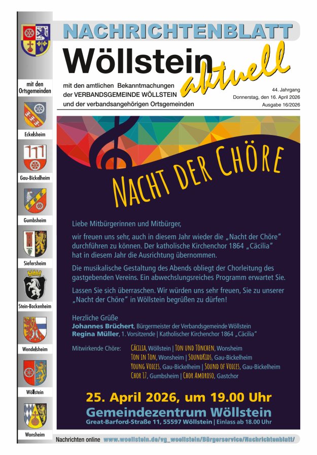 Nachrichtenblatt Wöllstein aktuell Titelblatt 16/2026