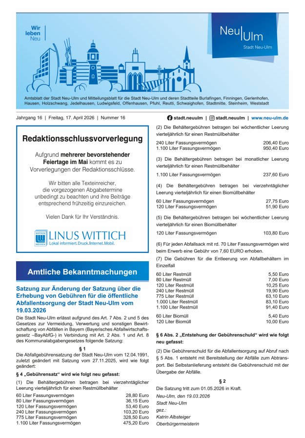 Amtsblatt der Stadt Neu-Ulm und Mitteilungsblatt für die Stadt Neu-Ulm Titelblatt 16/2026