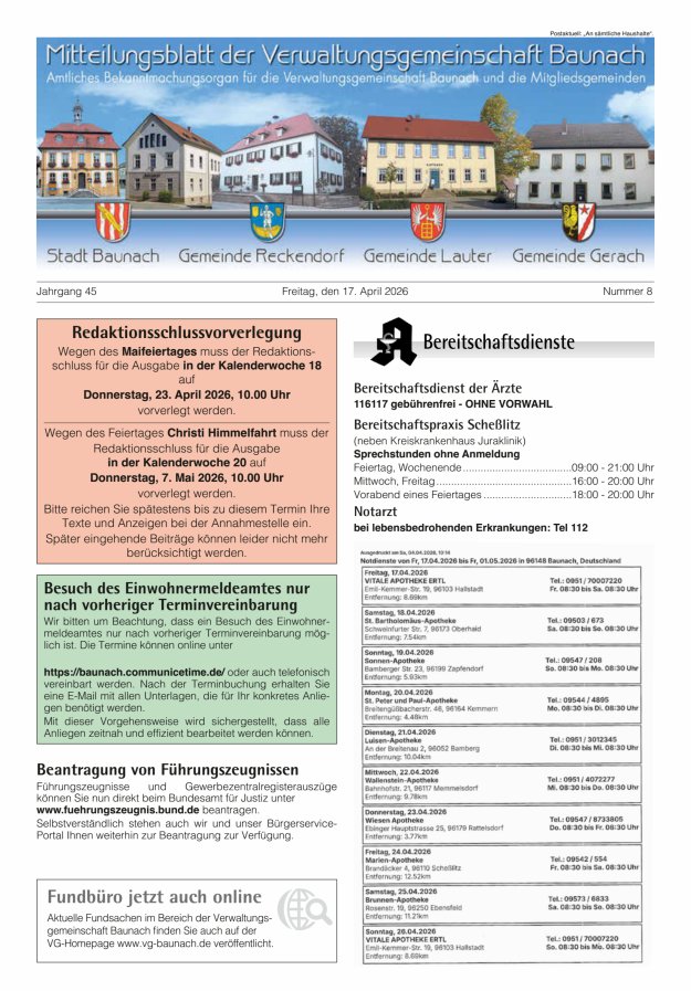 Mitteilungsblatt Verwaltungsgemeinschaft Baunach Titelblatt 08/2026