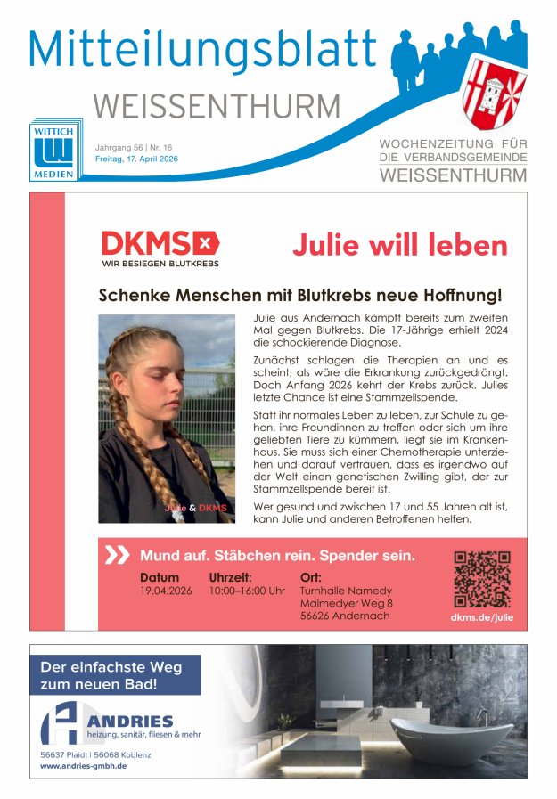 Mitteilungsblatt für den Bereich der Verbandsgemeinde Weißenthurm Titelblatt 16/2026