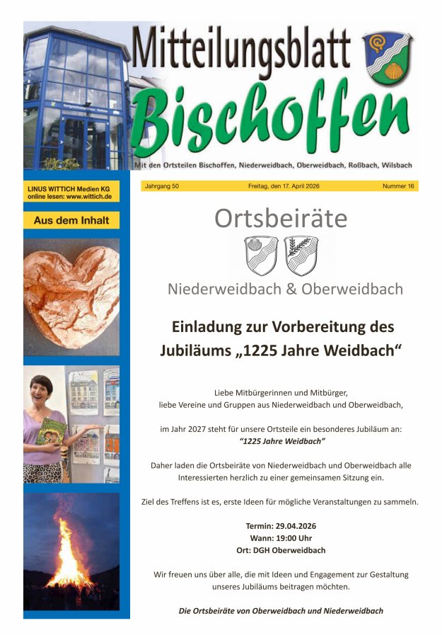 Mitteilungsblatt für die Gemeinde Bischoffen Titelblatt 16/2026