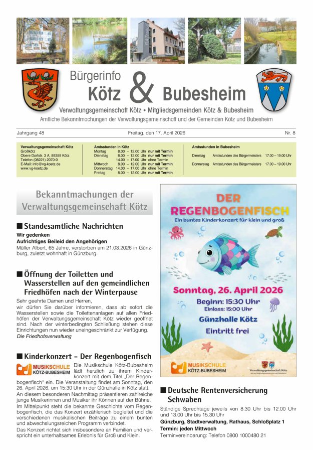 Amtsblatt der VG Kötz und der Mitgliedsgemeinden Titelblatt 08/2026