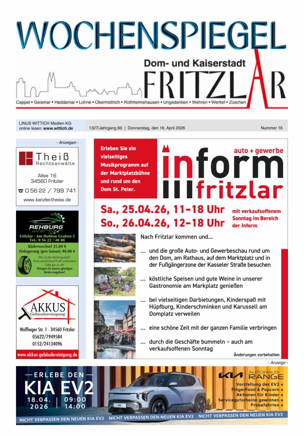 Wochenspiegel Dom- und Kaiserstadt Fritzlar Titelblatt 16/2026