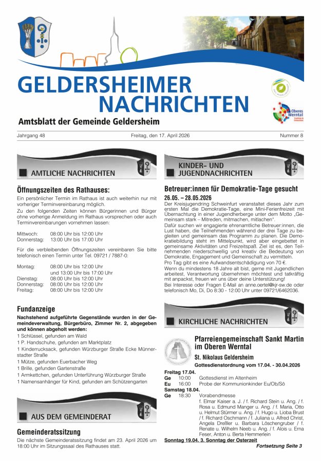 Geldersheimer Nachrichten Amtsblatt der Gemeinde Geldersheim Titelblatt 08/2026