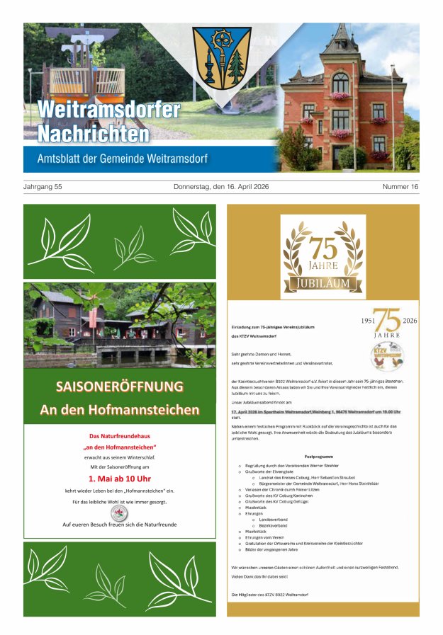 Weitramsdorfer Nachrichten Titelblatt 16/2026