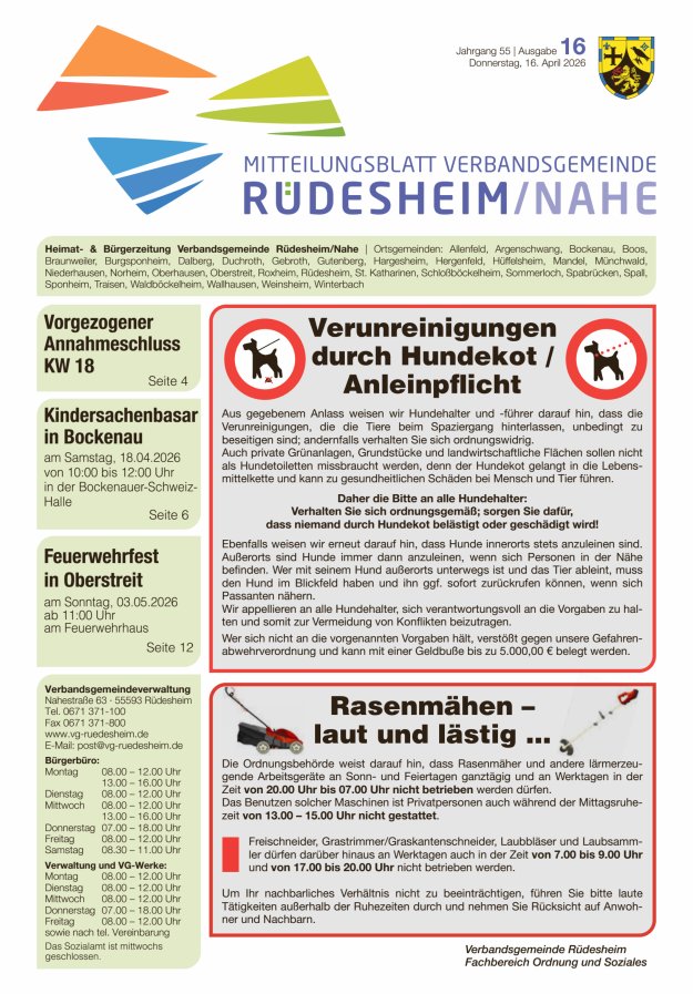 Mitteilungsblatt Verbandsgemeinde Rüdesheim und zugehörige Ortsgemeinden Titelblatt 16/2026