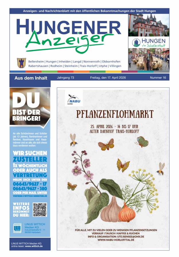 Anzeigen- und Nachrichtenblatt mit den öff  Bekanntmachungen der Stadt Hungen Titelblatt 16/2026