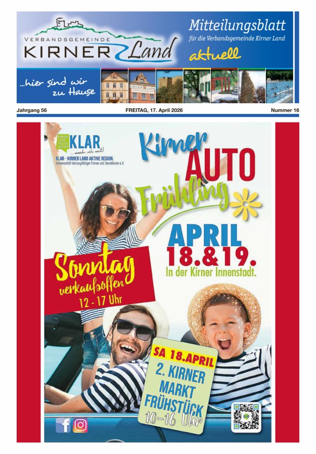 Mitteilungsblatt für den Bereich der Verbandsgemeinde Kirner Land Titelblatt 16/2026