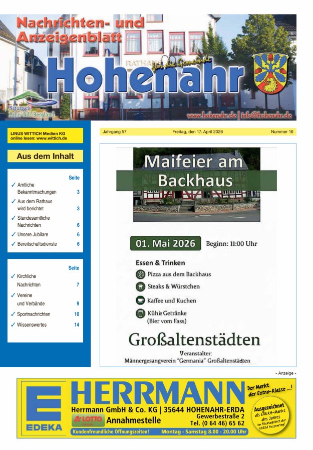Nachrichten- und Anzeigenblatt für die Gemeinde Hohenahr Titelblatt 16/2026