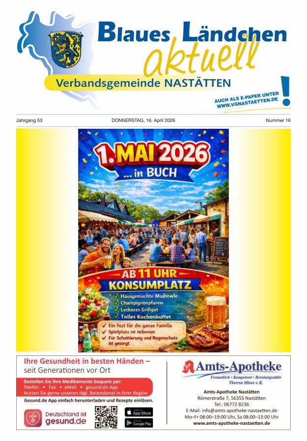 Blaues Ländchen aktuell - Heimat- u Bürgerzeitung VG Nastätten Titelblatt 16/2026