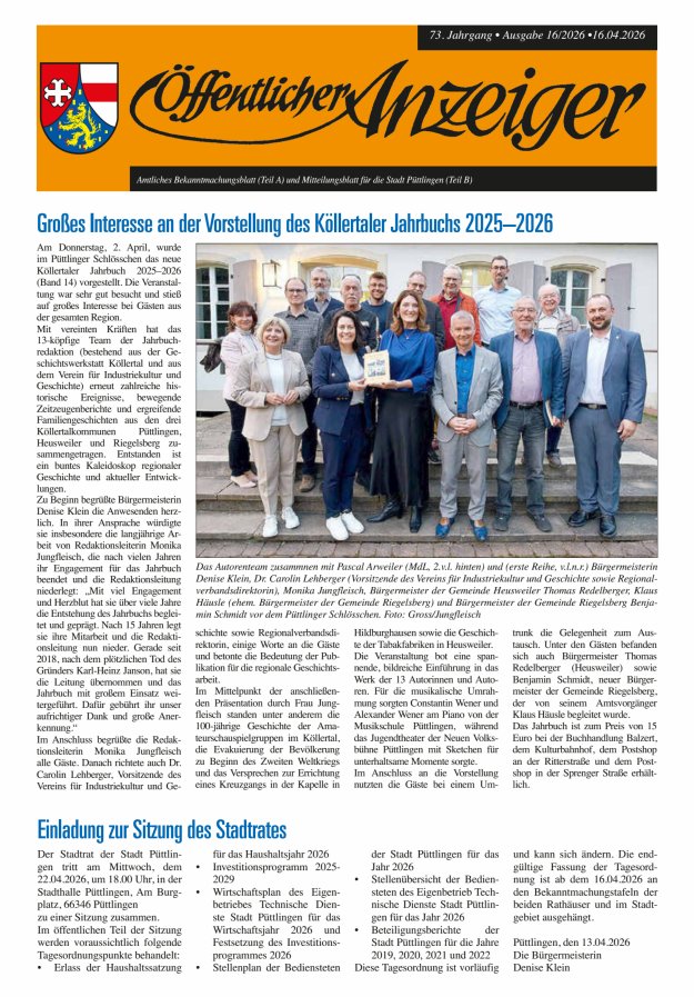 Öffentlicher Anzeiger - Stadt Püttlingen Titelblatt 16/2026