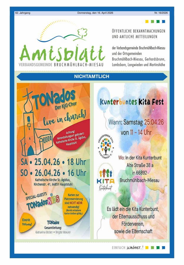 Amtsblatt der VG Bruchmühlbach-Miesau Titelblatt 16/2026