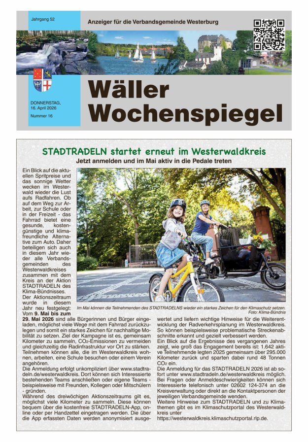 Wäller Wochenspiegel - Anzeiger für die Verbandsgemeinde Westerburg Titelblatt 16/2026