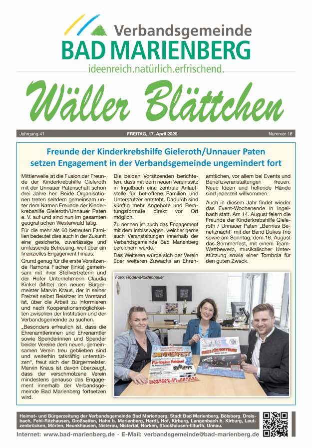 Wäller Blättchen - Verbandsgemeinde Bad Marienberg Titelblatt 16/2026