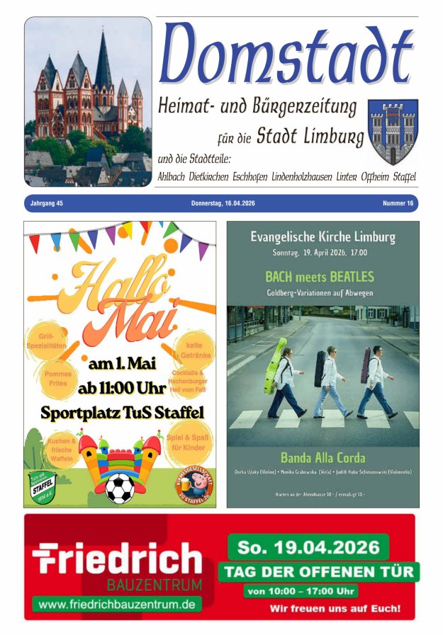Domstadt - Heimat- und Bürgerzeitung für die Stadt Limburg Titelblatt 16/2026