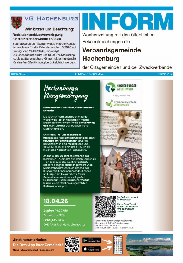 INFORM - Wochenzeitung der Verbandsgemeinde Hachenburg Titelblatt 16/2026