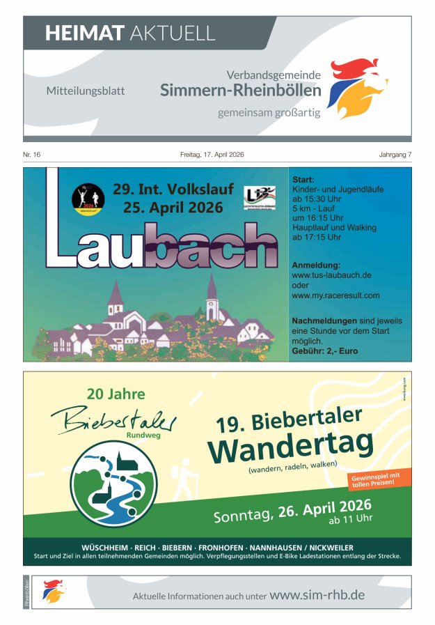 Heimat Aktuell Mitteilungsblatt der VG Simmern-Rheinböllen-Ausg Rheinböllen Titelblatt 15/2026