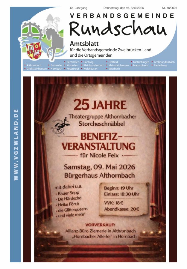 Verbandsgemeinde Rundschau Zweibrücken-Land Titelblatt 16/2026