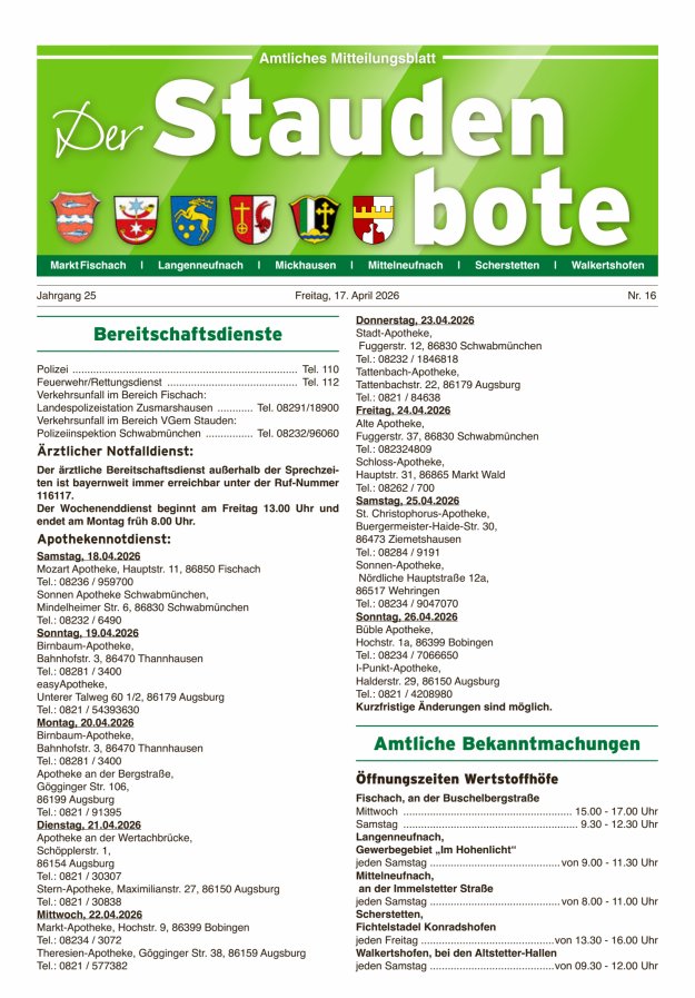 Staudenbote Amtliches Mitteilungsblatt Titelblatt 16/2026