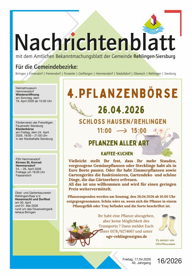 Nachrichtenblatt Rehlingen-Siersburg Titelblatt 16/2026