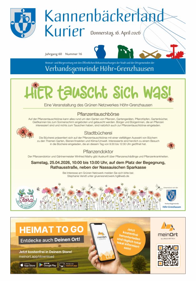 Kannenbäckerland-Kurier Verbandsgemeinde Höhr-Grenzhausen Titelblatt 16/2026