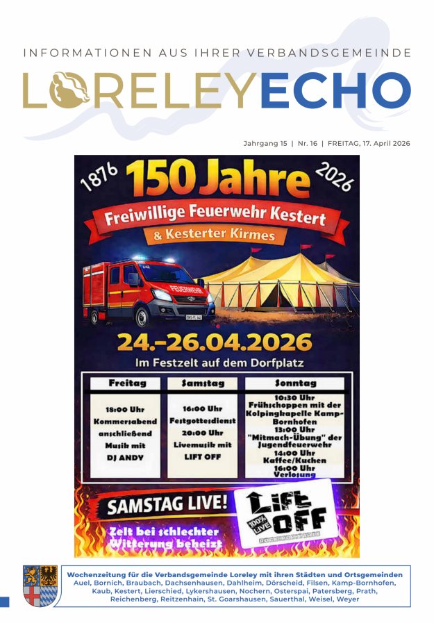 Loreley-Echo - Mitteilungsblatt der Verbandsgemeinde Loreley (Braubach) Titelblatt 15/2026
