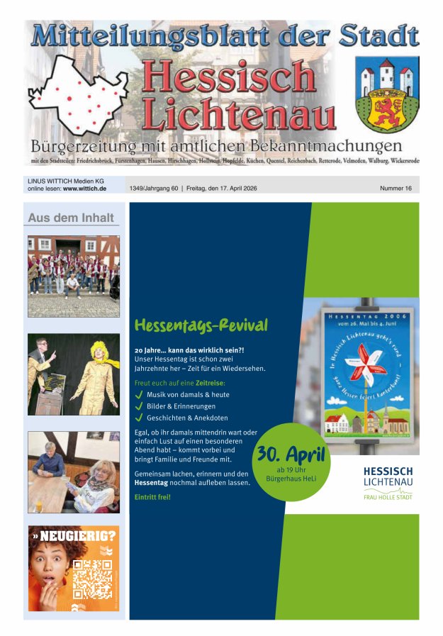 Mitteilungsblatt der Stadt Hess Lichtenau Titelblatt 16/2026