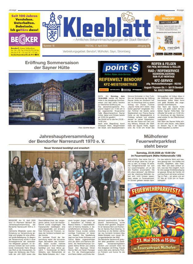 Kleeblatt - Amtliches Bekanntmachungsorgan der Stadt Bendorf Titelblatt 16/2026