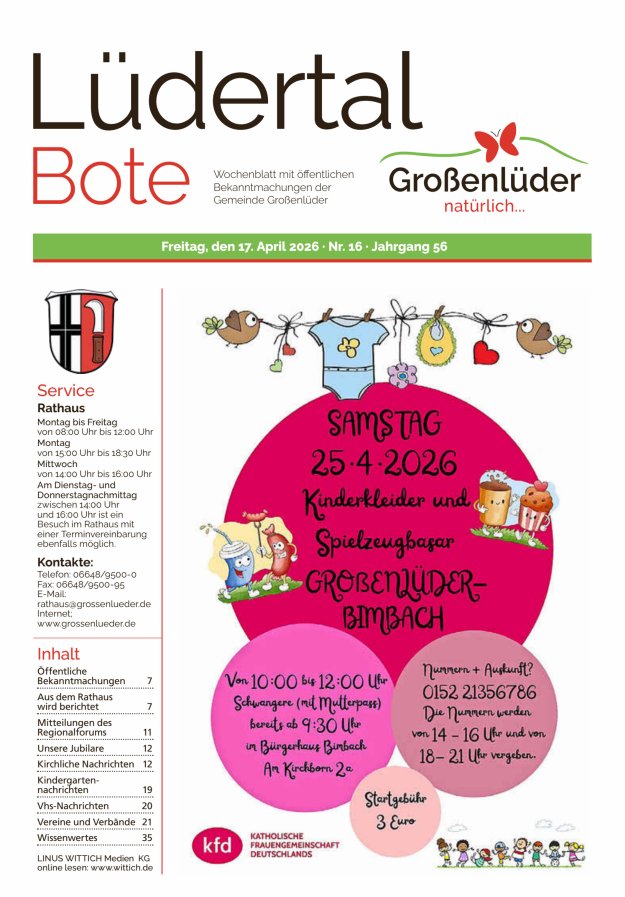 Wochenblatt mit öffentlichen Bekanntmachungen der Gemeinde Großenlüder Titelblatt 16/2026