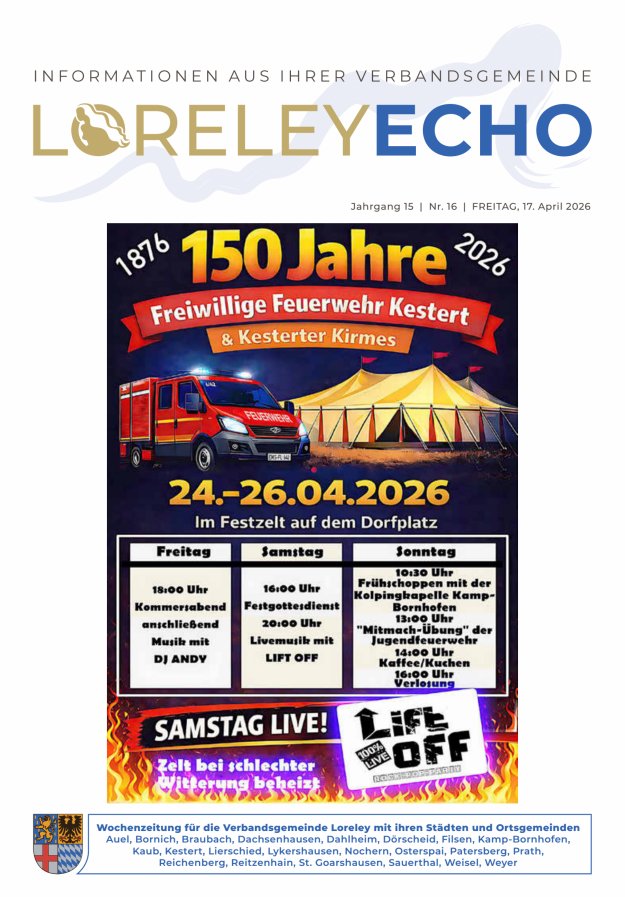 Loreley-Echo - Mitteilungsblatt der Verbandsgemeinde Loreley Titelblatt 16/2026