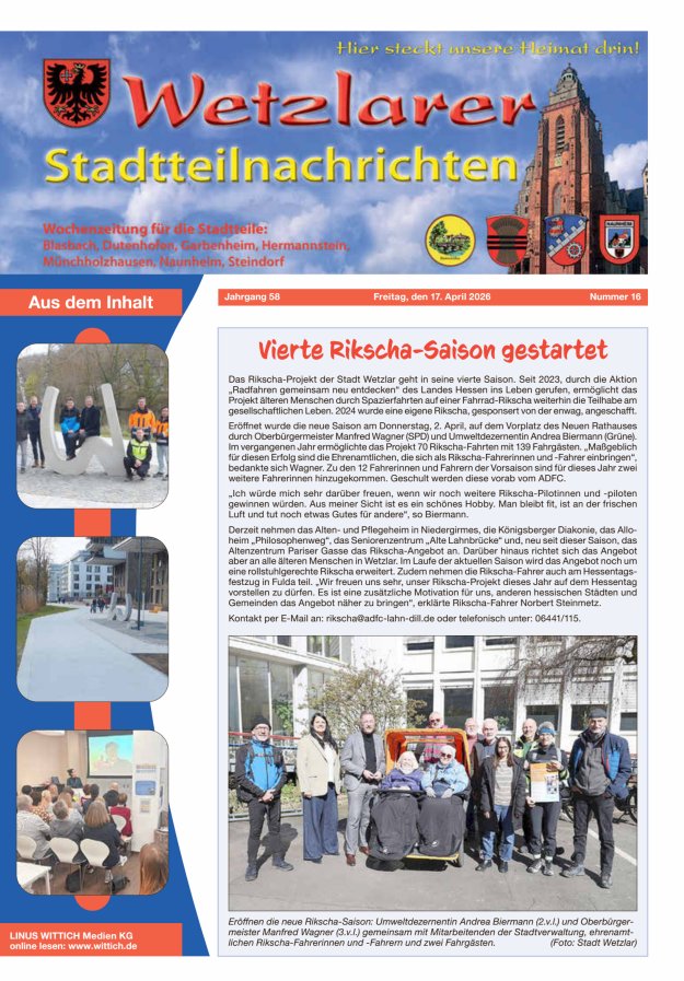 Wetzlarer Stadtteilnachrichten Titelblatt 16/2026