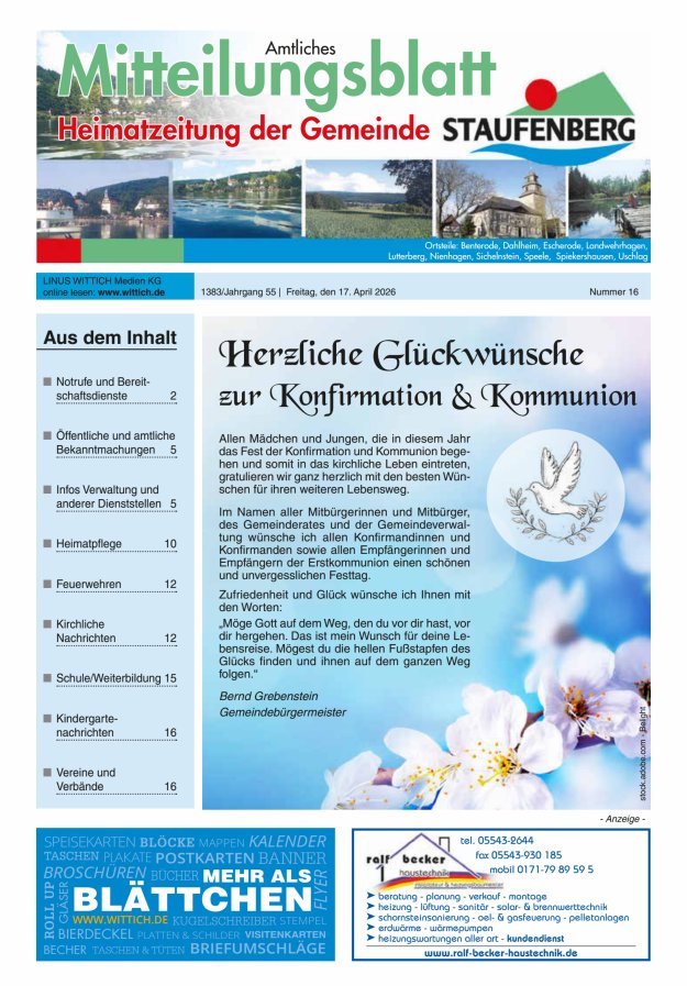 Heimatzeitung der Gemeinde Staufenberg Titelblatt 16/2026